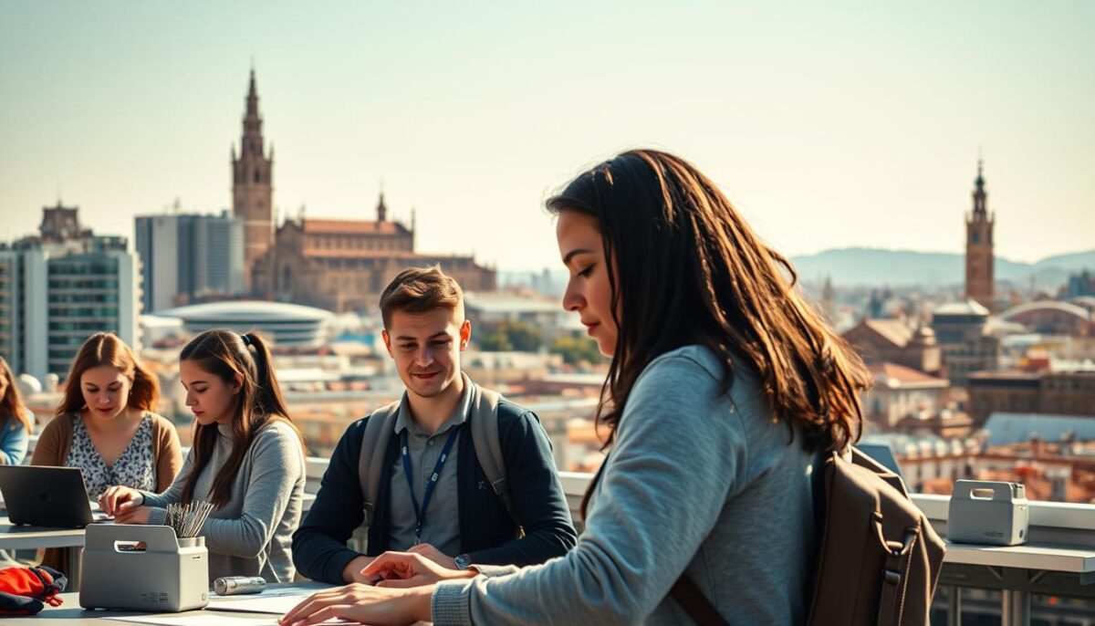 A bright, sunlit scene showcasing a bustling city skyline in Sevilla, Spain. In the foreground, a group of young, motivated individuals attend a practical training course, immersed in hands-on activities that equip them with valuable skills for stable employment. The middle ground features modern, well-equipped classrooms and state-of-the-art facilities, conveying a sense of professionalism and opportunity. In the background, the iconic Giralda tower and other historic landmarks are visible, symbolizing the rich cultural heritage of the city. The overall atmosphere is one of optimism, growth, and the promise of a brighter future for the trainees, all within a picturesque Sevillian setting.