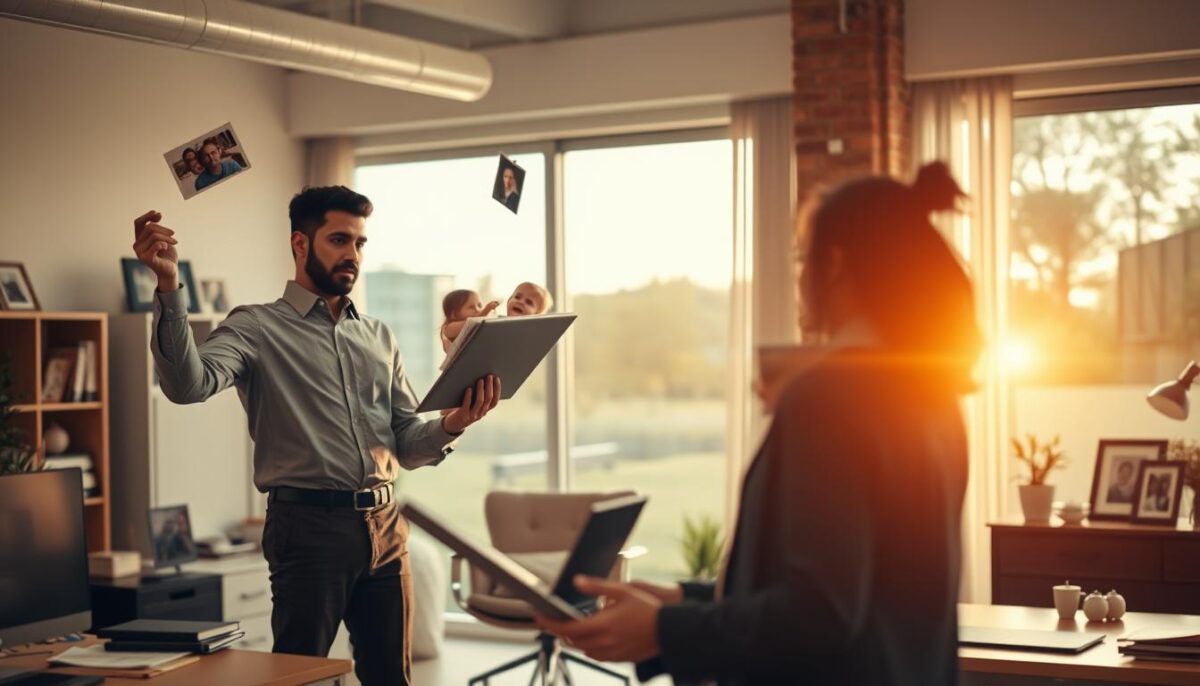 A bustling office environment, with a family-friendly atmosphere. In the foreground, a hardworking professional juggles a laptop, family photos, and a stack of papers, conveying the challenge of balancing work and personal life. The middle ground features a cozy home office setup, with a comfortable chair, desk, and framed family portraits, suggesting the integration of work and family spaces. The background showcases a serene outdoor scene, hinting at the need for work-life balance and moments of relaxation. Warm, soft lighting illuminates the scene, creating a sense of harmony and productivity. The composition captures the essence of "conciliar trabajo" - the delicate act of reconciling work, family, and studies without compromise.