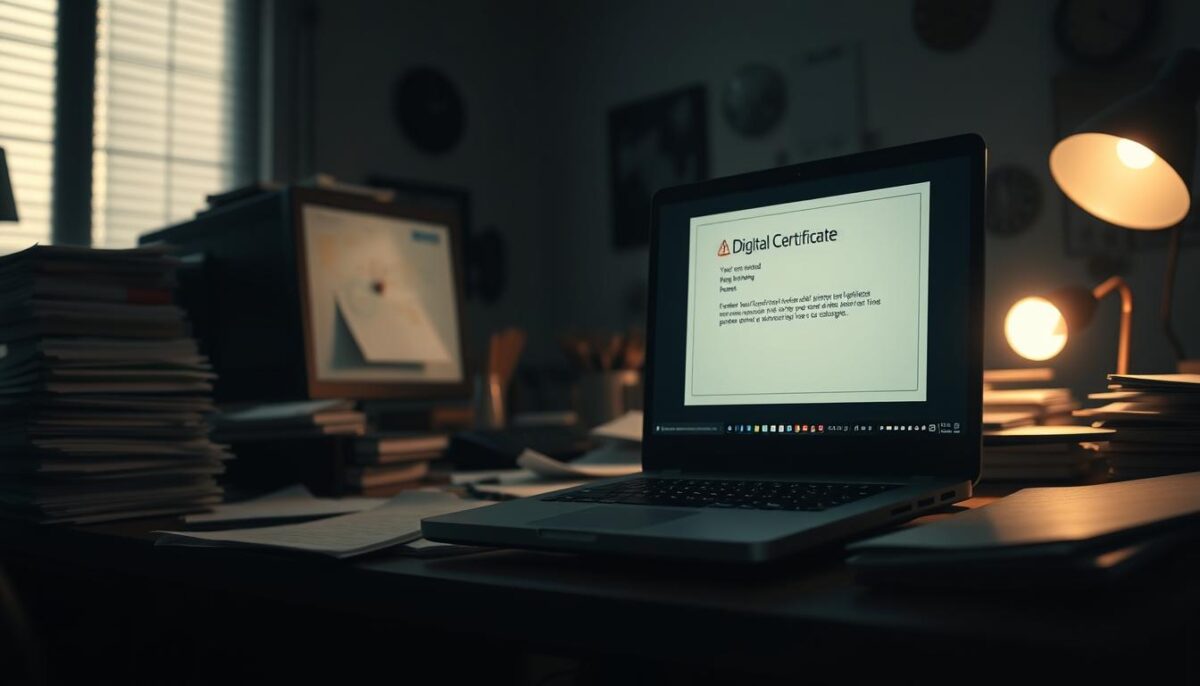 A cluttered office desk with stacks of papers, a computer monitor, and an open laptop displaying a digital certificate with red error symbols. The scene is dimly lit, creating a sense of frustration and confusion. The foreground features the laptop screen prominently, while the middle ground includes a cluttered workspace with scattered documents. The background is blurred, emphasizing the focus on the digital certificate issue. The overall atmosphere conveys the challenges and obstacles encountered when trying to obtain a digital certificate, reflecting the section title "Errores frecuentes que te hacen perder tiempo y cómo evitarlos".