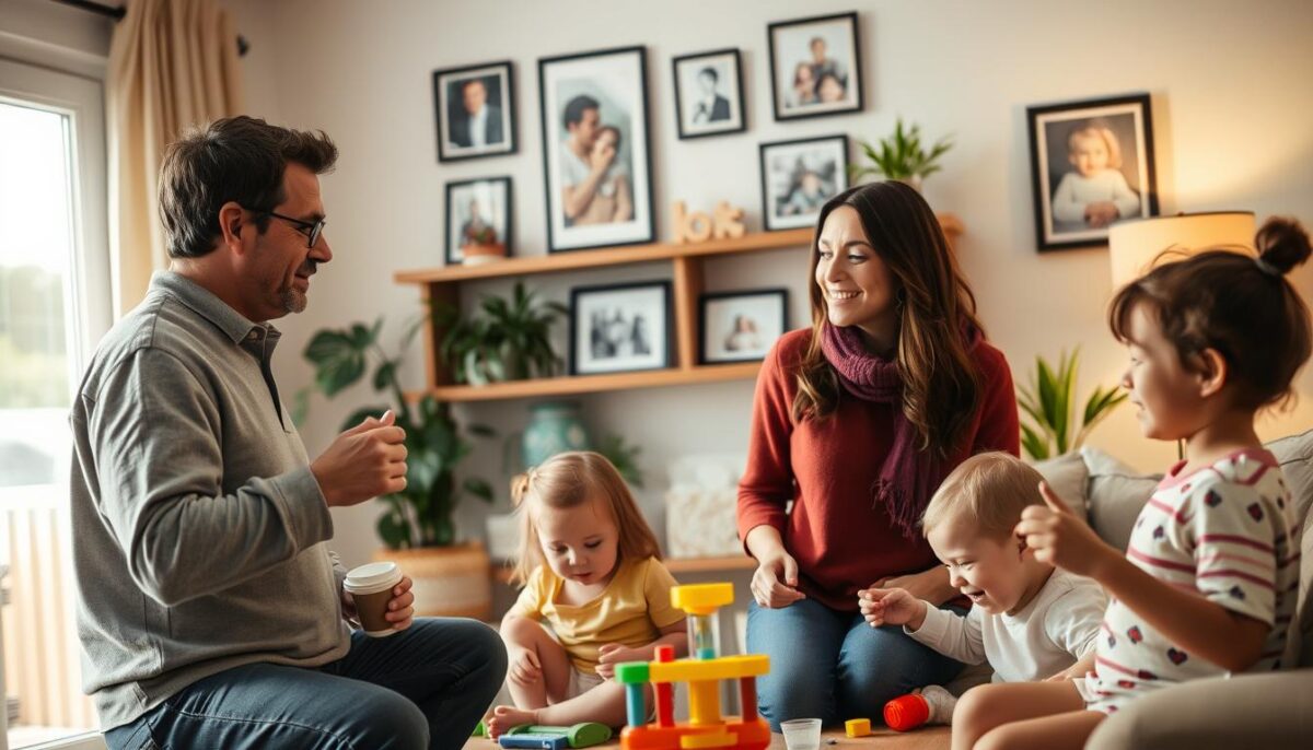 A cozy family room with warm, natural lighting. In the foreground, a couple is engaged in a conversation, their body language indicating an open and collaborative dynamic. The husband is gesturing, while the wife listens attentively, a cup of coffee in hand. In the middle ground, their two young children are playing with toys, their expressions joyful and engaged. The background features framed family photos and potted plants, creating a sense of domestic harmony. The overall atmosphere is one of a supportive, equitable partnership and a nurturing, family-centered environment.