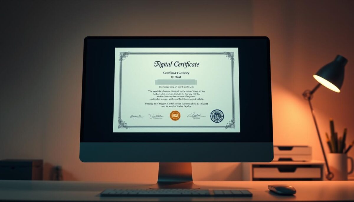 A digital certificate displayed prominently on a sleek, modern computer screen. The screen is backlit with a soft, warm glow, casting a gentle light across the certificate. The certificate itself is elegantly designed, with clean lines, minimal text, and a subtle color palette that conveys professionalism and trust. The background is a minimalist workspace, with a hint of organization and efficiency, emphasizing the seamless integration of the digital certificate into the user's workflow. The overall composition is balanced, with the certificate as the focal point, surrounded by just enough context to provide a sense of place and purpose.