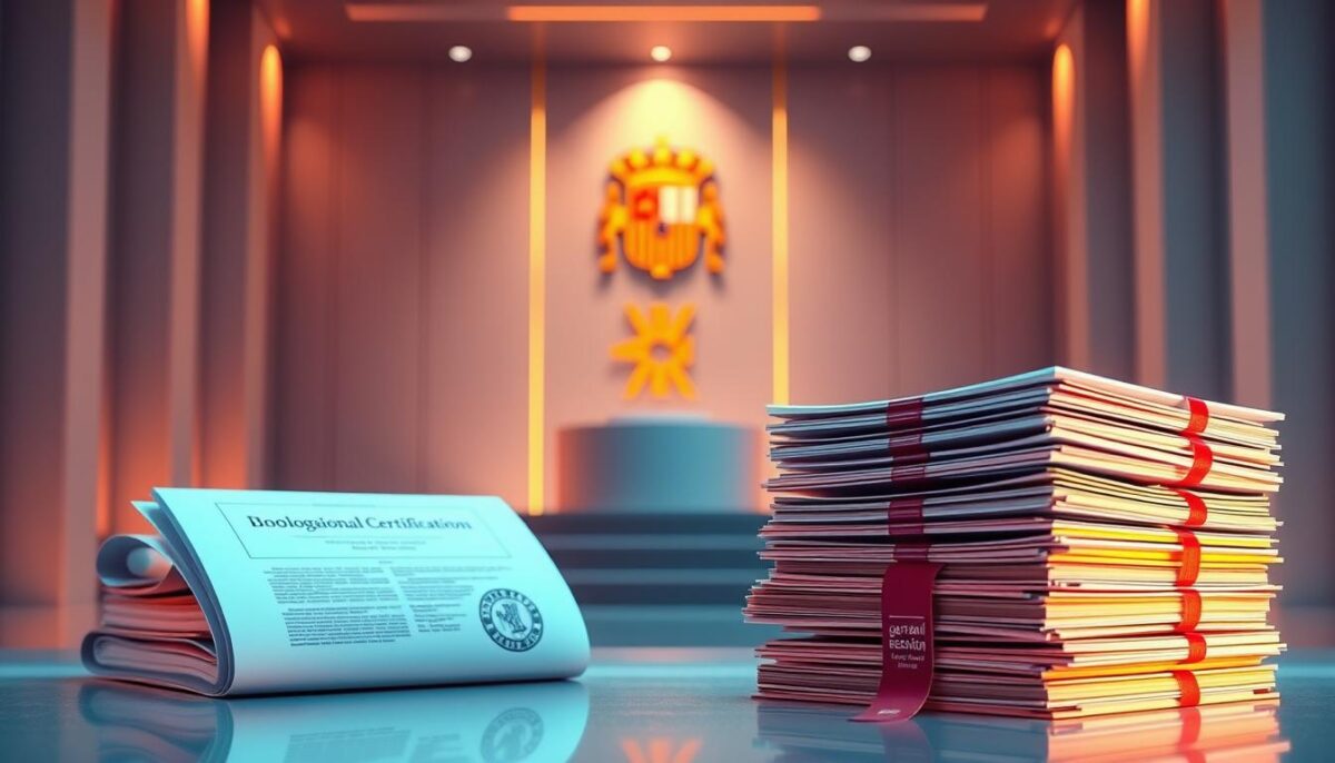 A meticulously detailed illustration of professional certification and accreditation. In the foreground, a stack of official documents and seals representing the homologation process, bathed in warm, directional lighting. In the middle ground, a podium with a coat of arms, symbolizing the authority and validity of the vocational training certificate across the autonomous community. The background features a sleek, minimalist architectural setting, conveying a sense of institutional prestige and credibility. The overall composition exudes an air of professionalism, legitimacy, and the value of earning a formally recognized vocational qualification.