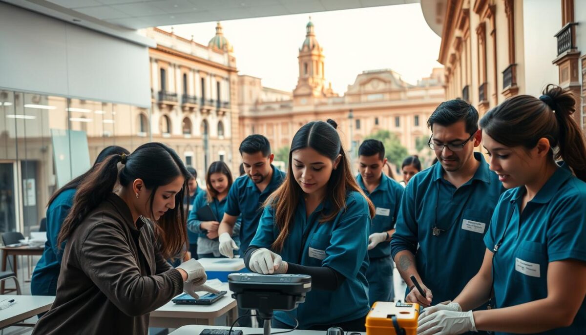 A warm, inviting scene set in Seville, Spain. In the foreground, a group of TCAE (Técnico en Cuidados Auxiliares de Enfermería) students engage in hands-on training, their faces alight with focus and determination. The middle ground features a modern classroom with state-of-the-art equipment, hinting at the high-quality education offered. In the background, the iconic architecture of Seville provides a picturesque backdrop, evoking a sense of historical tradition and cultural richness. The lighting is soft and natural, creating a welcoming atmosphere that reflects the high employability and career prospects for those pursuing TCAE, safety certification, and professional development courses in this vibrant city.