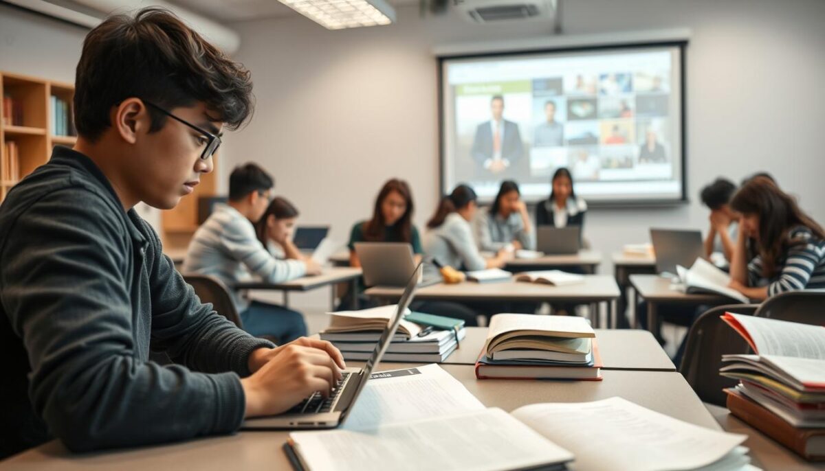 a well-lit indoor scene showcasing the concept of "modalidad mixta" or blended learning. In the foreground, a student working intently on a laptop, with textbooks and other learning materials surrounding them. In the middle ground, a group of students engaged in a collaborative discussion, some using laptops and others taking handwritten notes. In the background, a virtual classroom projection screen displaying educational content, subtly suggesting the integration of digital and in-person elements. The scene should convey a sense of productivity, focus, and the harmonious blend of traditional and modern learning approaches.